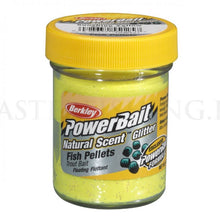 Паста Berkley Power Bait - Sunshine Yellow - Fish Pellets в стъклен буркан с жълт цвят и бляскави частици.