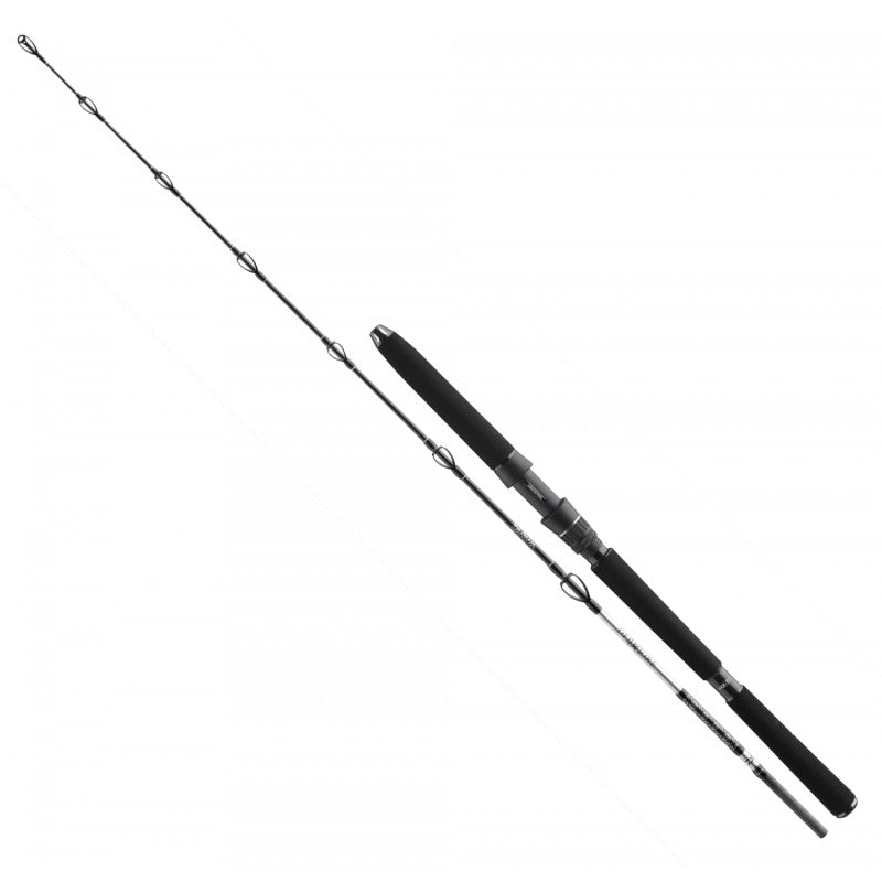 Въдица за морски риболов - DAIWA BG DEEP SEA - 1.75m/100-300gr/30lbs на бял фон, предназначена за риболов на дълбочина.