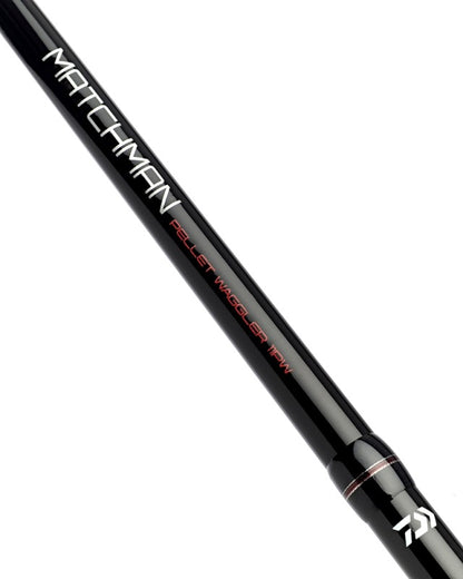 Мач въдица - DAIWA MATCHMAN PELLET WAGGLER - 3.35m / 3-15gr, изображение на черен въдица с логото на DAIWA