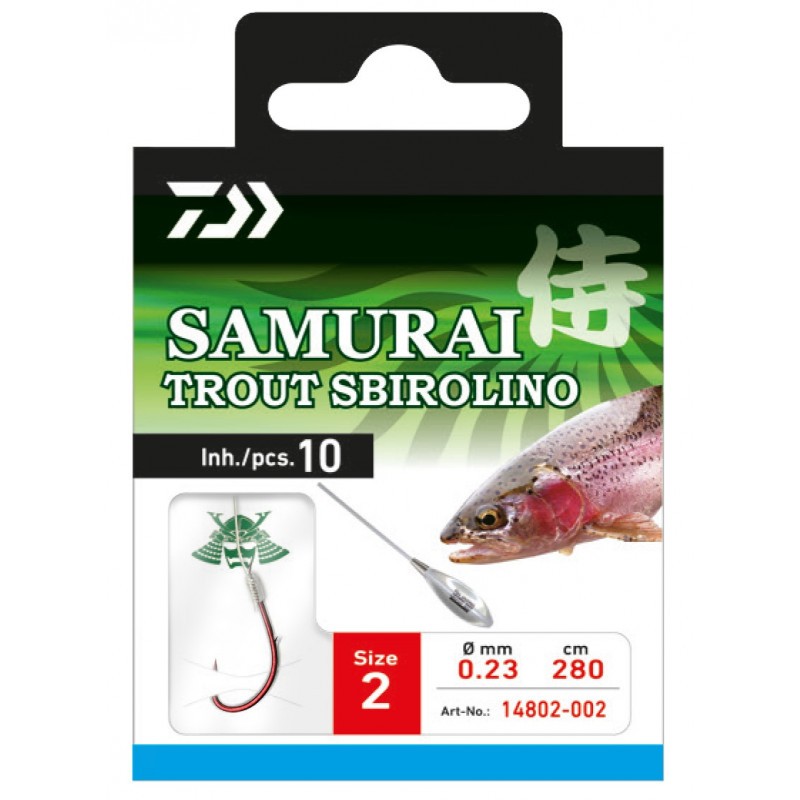 Вързани куки - DAIWA SAMURAI TROUT SBIROLINO HOOKS, размер 2, 0.23 мм дебелина, 10 броя в опаковка.