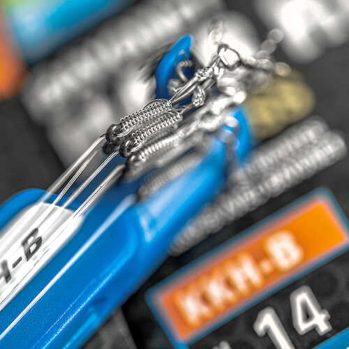 Вързани куки за метод фидер PRESTON KKH-BARBLESS BAYONET HAIR RIG - 10cm / 8 бр в опаковка, детайл от продукта.