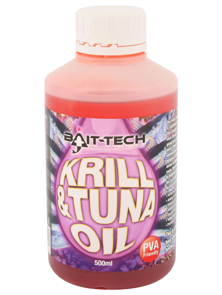 Течен ароматизатор BAIT-TECH Krill & Tuna Oil - 500ml бутилка с ароматизатор за риболов, PVA friendly.