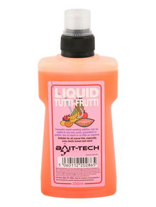Течен ароматизатор BAIT TECH Liquid Tutti Frutti - 250ml в опаковка с ярък дизайн, идеален за риболов