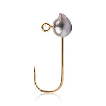 Джиг глава Mustad FINESSE Jig head в сребрист цвят с златна кука, идеална за риболовни силикони.