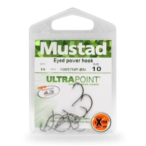 Куки Mustad Eyed Power Hooks - 10 бр в опаковка с технология 4.3 UltraPoint, осигурявайки остри и здрави куки.