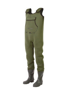 Неопренов Гащеризон DAIWA NEO CHEST WADER RUBBER BOOT в зеленикав цвят с гумени ботуши.