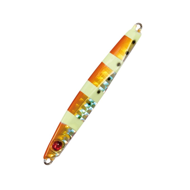 Джиг Nomura CHIKA - Gold Silver With Fluo Stripes, метален джиг с шахматно разположени цветове и хаотично движение.