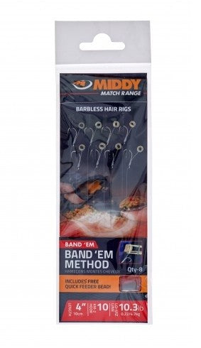 Cârlige legate cu inel pentru pelete MIDDY Band'Em Method Barbless Hair Rigs - 8 buc. în pachet