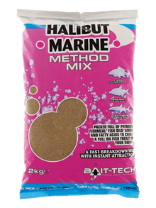 Захранка BAIT-TECH HALIBUT MARINE METHOD MIX - 2kg in pink packaging with bait details and weight prominently displayed.