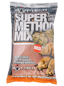 Захранка BAIT-TECH Super Method Mix Red - 2kg packaging featuring natural spices and fast breakdown features.