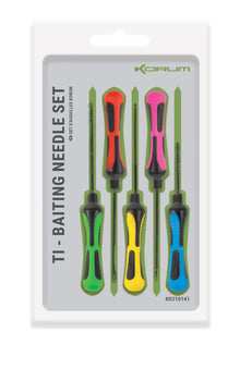 Комплект игли KORUM TI - BAITING NEEDLE SET с цветни ергономични дръжки, идеални за риболовни нужди.