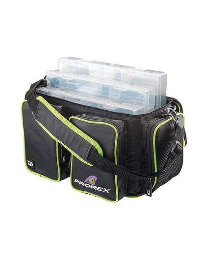 Чанта с кутии за примамки DAIWA PROREX TACKLE BOX BAG - M/L с големи пластмасови кутии и странични джобове.