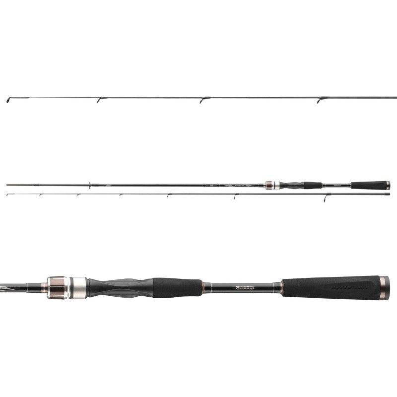 Въдица за спининг DAIWA '23 EXCELER SOLID TIP - 2.10/2.25m, вид отгоре и отстрани, черен дизайн.