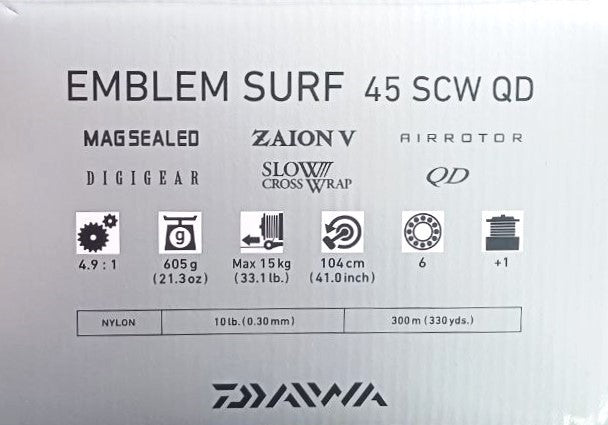 Макара DAIWA 23 EMBLEM SURF 45 SCW QD със спецификации и технологии, включително MAG SEALED и DIGIGEAR.