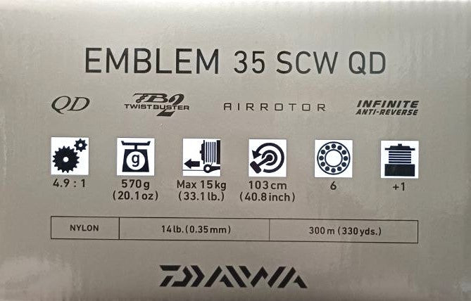 Макара DAIWA '23 EMBLEM 35 SCW QD с характеристики и технологии за риболов, включително QD и MAX 15 kg