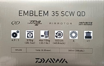 Макара DAIWA '23 EMBLEM 35 SCW QD с характеристики и технологии за риболов, включително QD и MAX 15 kg