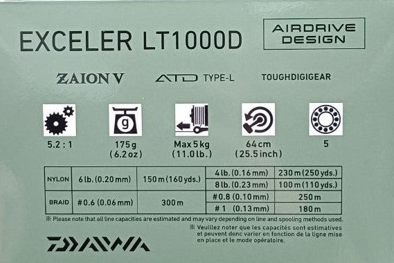 Макара с преден аванс DAIWA '23 EXCELER LT1000D спецификации и характеристики.