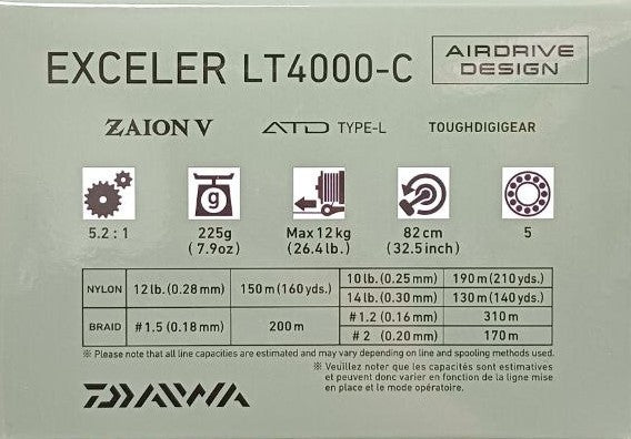 Макара с преден аванс DAIWA '23 EXCELER спецификации: LT4000-C, Airdrive дизайн, 225g, макс. 12kg, nylon 12lb, braid 15lb.