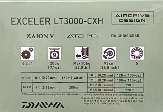 Макара с преден аванс DAIWA '23 EXCELER с Airdrive дизайн и характеристики на модела LT3000-CXH.