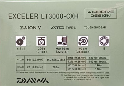 Макара с преден аванс DAIWA '23 EXCELER с Airdrive дизайн и характеристики на модела LT3000-CXH.