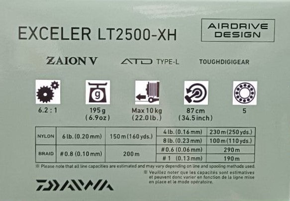 Макара с преден аванс DAIWA '23 EXCELER LT2500-XH - спецификации и Airdrive дизайн.