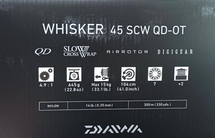 Шаранджийска макара - DAIWA 22 WHISKER 45 SCW QD OT спецификации и характеристики на опаковката.