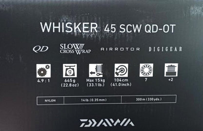 Шаранджийска макара - DAIWA 22 WHISKER 45 SCW QD OT спецификации и характеристики на опаковката.