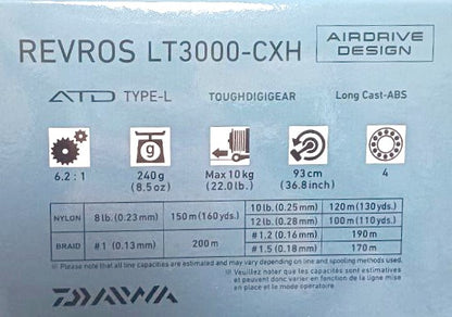 Макара с преден аванс DAIWA 23 REVROS LT спецификации и технологии, включително Airdrive Design.