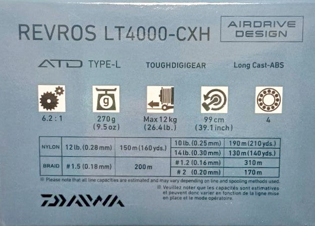 Макара с преден аванс DAIWA 23 REVROS LT спецификации и характеристики на модела REVROS LT4000-CXH.