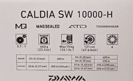 Технически спецификации на макара за морски риболов Daiwa '23 CALDIA SW, включително тегло, капацитет и предавателно отношение.