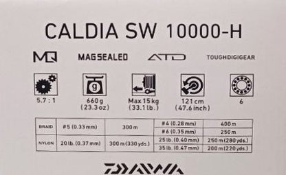 Технически спецификации на макара за морски риболов Daiwa '23 CALDIA SW, включително тегло, капацитет и предавателно отношение.