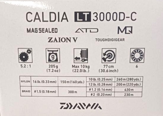 Макара Daiwa 22 CALDIA LT MQ (EU) спецификации на опаковката с информация за тегло и размери.