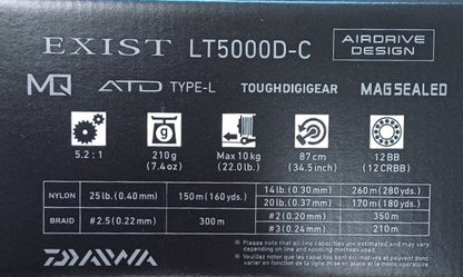 Топ модел макара 22 DAIWA EXIST (G) LT MQ детайли с характеристики, включително мощност и тегло.