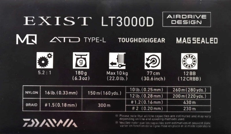Топ модел макара 22 DAIWA EXIST (G) LT MQ спецификации, включващи максимално натоварване и тегло на макарата.