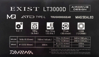 Топ модел макара 22 DAIWA EXIST (G) LT MQ спецификации, включващи максимално натоварване и тегло на макарата.