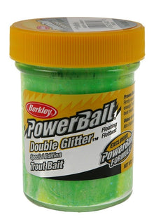 Паста Berkley Power Bait Double Glitter Twist - Green/WLemon/Yellow в контейнер за риболов, плаваща, с брокат.
