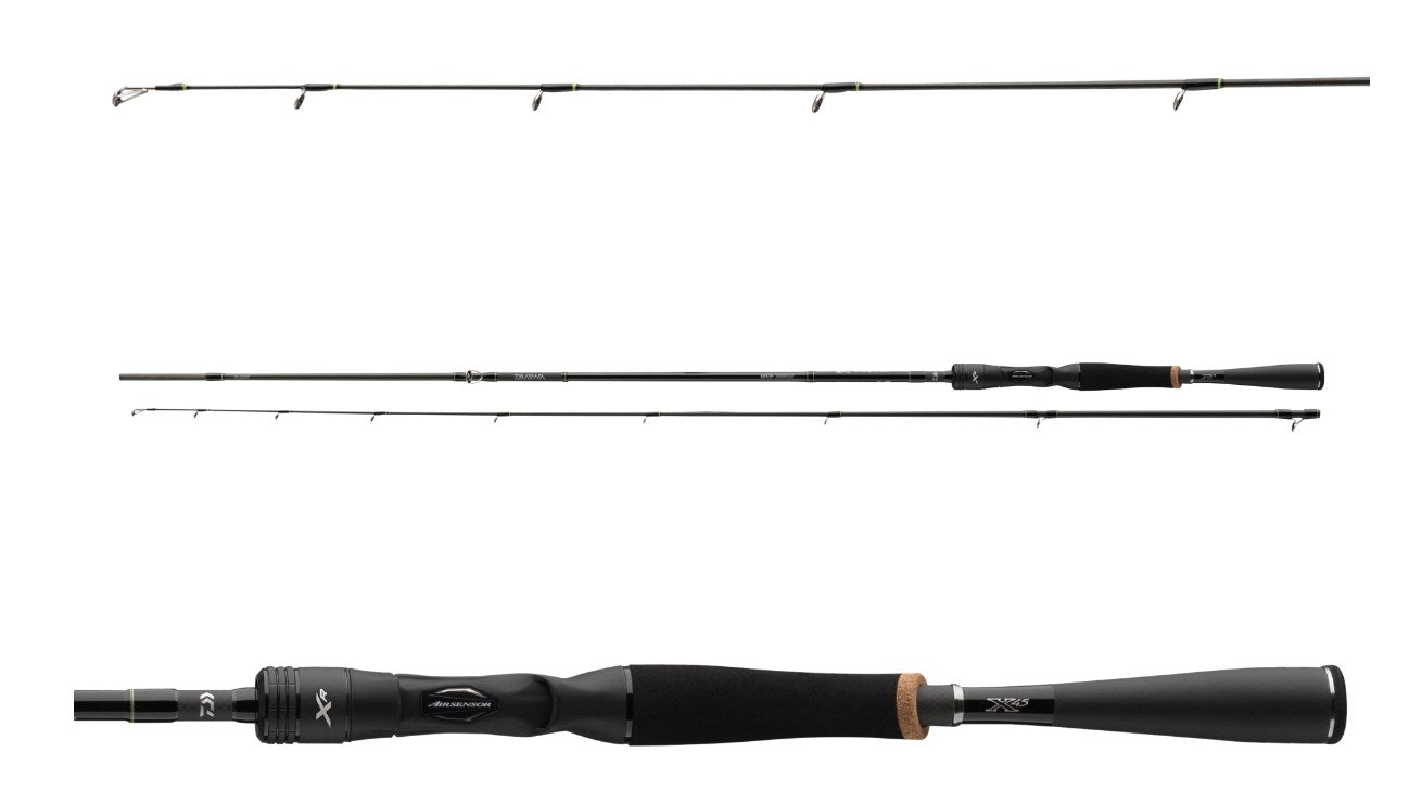 Кастинг спинингова въдица Daiwa 24 PROREX XR FINESSE CASTER - 2.20m/5-14gr, показана от различни ъгли.