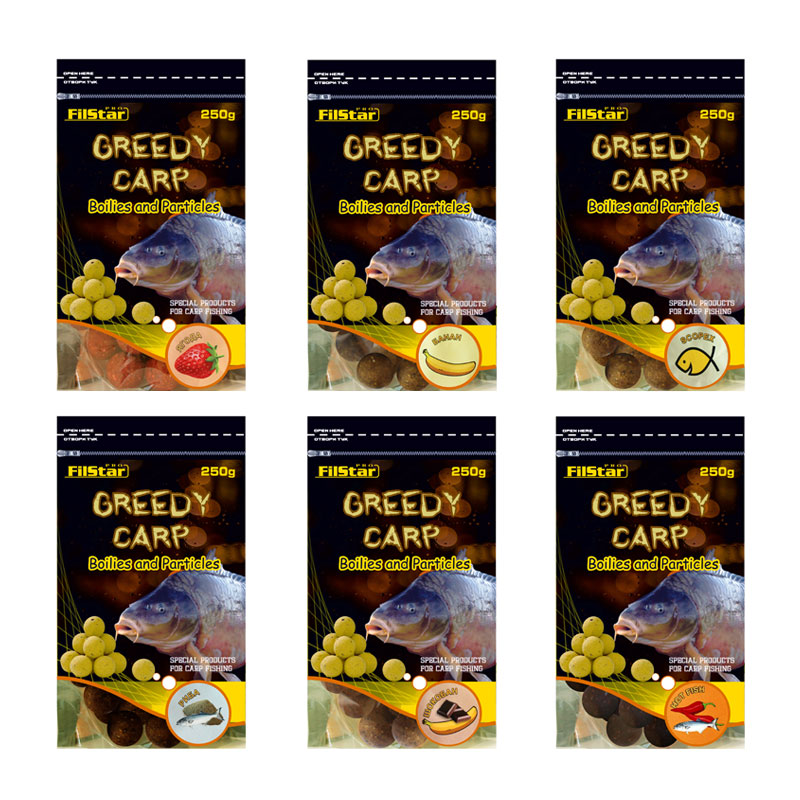 Протеинови топчета FilStar Greedy Carp - 250гр. разнородно представени опаковки с топчета за риболов.