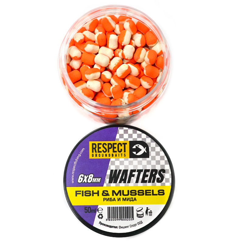 Балансирaни дъмбели Respect Wafters - различни аромати в контейнер с 6x8mm риба и мида, ярки цветове.