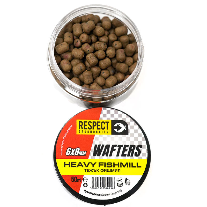 Балансирaни дъмбели Respect Wafters - различни аромати, 6x8mm Heavy Fishmeal, в контейнер за риболов.