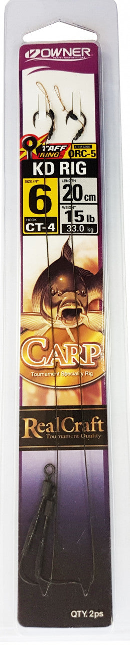 Шаранджийски куки с повод Owner KD RIG - CT-4 No 6 / 15lbs / 2бр. в опаковка с описание и информация за размера.