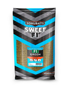 Захранка SONUBAITS F1 Green - опаковка на сладка рибна захранка за риболов на каракуда и шарани.