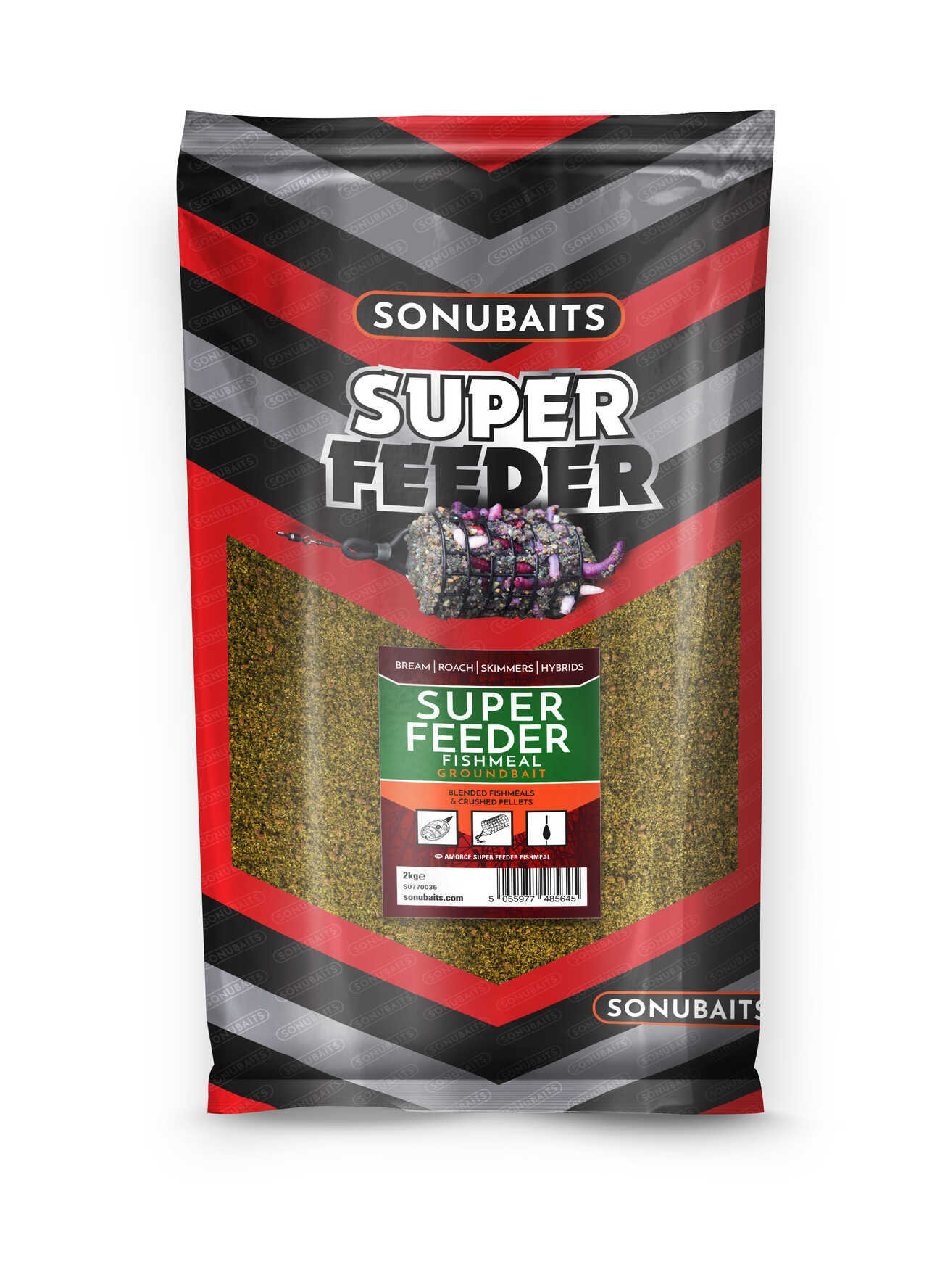 Захранка SONUBAITS Super Feeder Fishmeal - 2kg, идеална фидер смес за риболов на големи риби.