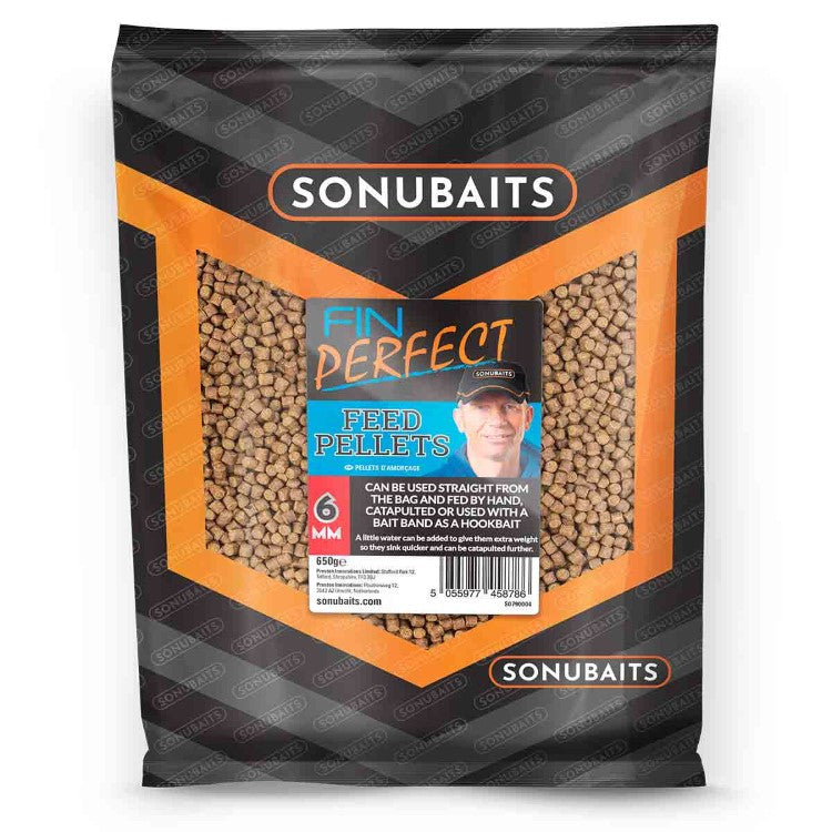 Пелети SONUBAITS Fin Perfect Feed - 2/4/6/8mm, 6mm feed pellets in packaging, designed for fishing with innovative method feeders.