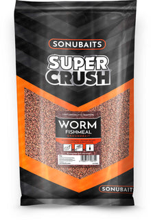 Захранка SONUBAITS Super Crush Worm Fishmeal - 2kg package with groundbait details.