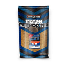 Захранка SONUBAITS Match Method Mix Marine - 2kg опаковка с инструкции за смесване и характеристиките на продукта.