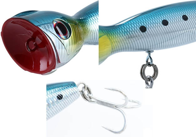 Попер DAIWA SALTIGA POP STAR 160F GALAXY ORANGE - 16cm/74gr showing detailed features and hooks.