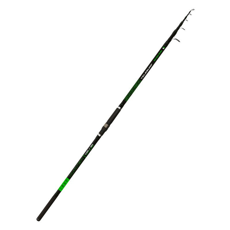 Сърфкастинг въдица MAVER Spider Telesurf - 4.20m/120gr на черен фон, идеална за риболов от плажа и скалите.