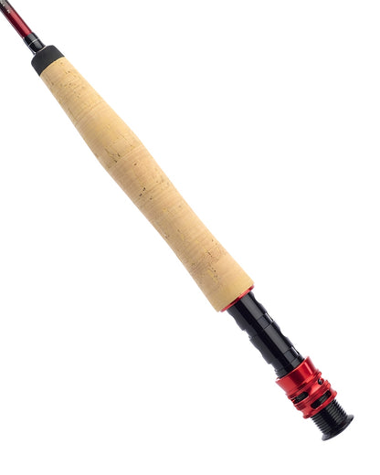 Въдица за мухарски риболов DAIWA SILVERCREEK X TROUT FLY - 2.43/2.74m с дървена дръжка и червен елемент.