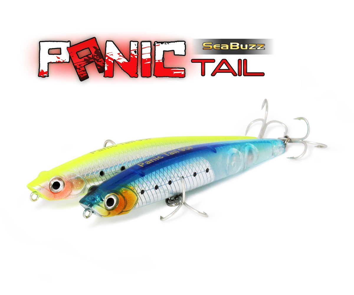 Воблер Sea Buzz Panic Tail 95F Topwater - 9.5cm/8.5g, два плуващи воблери за риболов, жълт и син цвят.